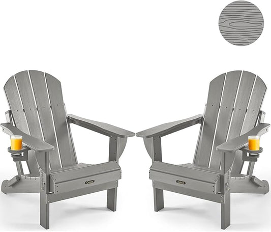 Ciokea Folding Adirondack Chair 2 Pack, Patio Adirondack Chair Weather Resistant, Plastic Fire Pit Chair with Cup Holder, Lawn Chair for Outdoor Porch Garden Backyard Deck (Grey)