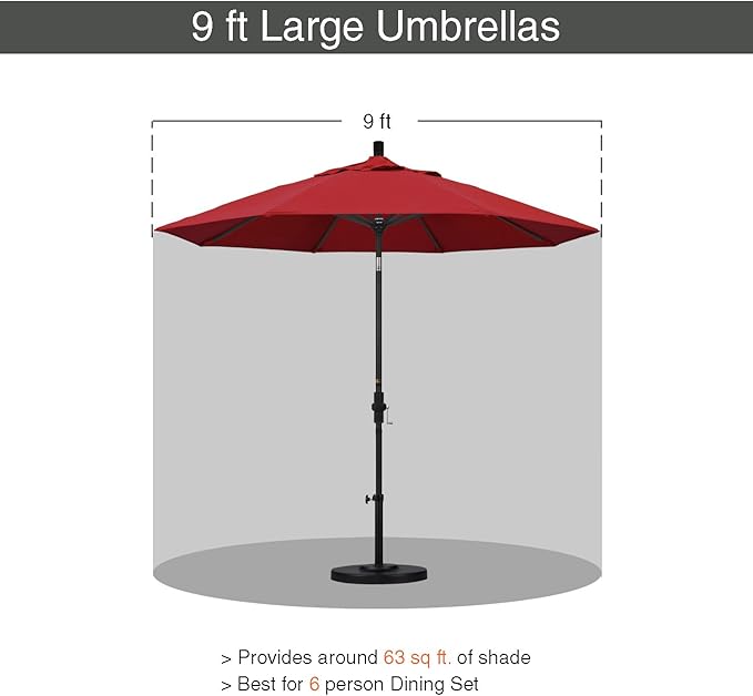 California Umbrella 9' Round Aluminum Outdoor Deck, Pool or Patio Umbrella, Crank Lift, Auto Tilt, Bronze Pole, Red Olefin