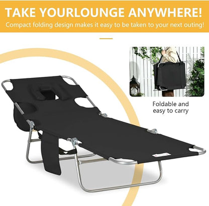 Sun Tanning Chair with Face Hole, Heavy Duty Adjustable 5-Position Folding Laying Out Chairs for Tanning, Beach Lounge Chairs for Adults for Outdoor Sunbathing Patio Pool Lawn (Black 3)