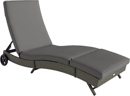 Outsunny Wicker Chaise Lounge Chair Outdoor with Wheels & Cushion, PE Rattan Patio Lounge Chair with 5-Level Adjustable Backrest for Poolside, Garden, Gray