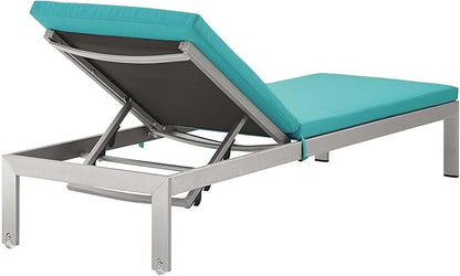 Modway Shore Aluminum Outdoor Patio Two Chaise Lounge Chairs with Cushions in Silver Turquoise