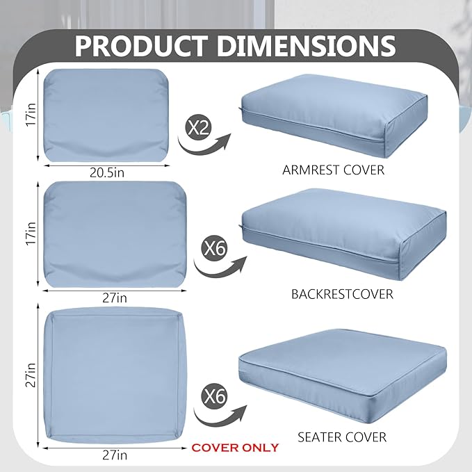 14 Piece Outdoor Patio Waterproof Cushion Covers, Fits 6-Seat Wicker Rattan Sectional Couch Chair Furniture Cover Replacement Set - Fade-Resistant Patio Cushion Covers with Zipper