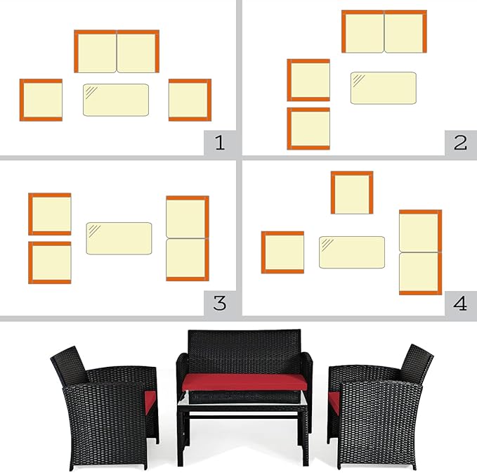 COSTWAY 4 Pieces Patio Rattan Furniture Set, Outdoor Wicker Conversation Set with Soft Cushions & Tempered Glass Coffee Table, Cushioned Chair Sofa for Backyard, Porch, Poolside, Lawn, Garden, Red