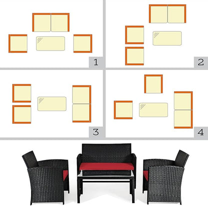 COSTWAY 4 Pieces Patio Rattan Furniture Set, Outdoor Wicker Conversation Set with Soft Cushions & Tempered Glass Coffee Table, Cushioned Chair Sofa for Backyard, Porch, Poolside, Lawn, Garden, Red