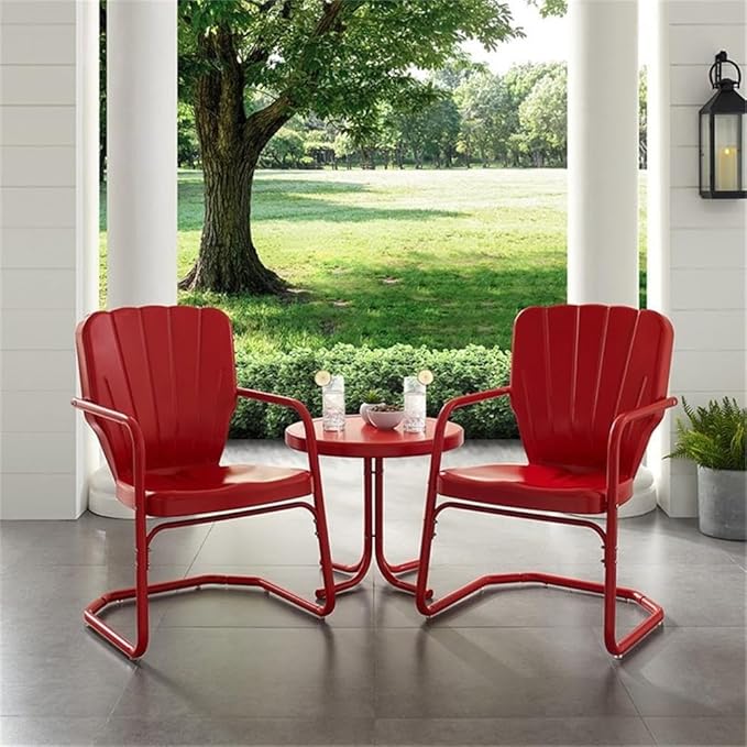 Crosley Furniture Ridgeland 3-Piece Outdoor Chair and Side Table Set, Retro Metal Bistro Patio Sets for Deck, Red