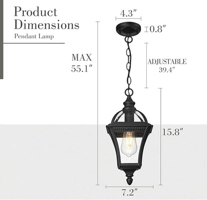 Emliviar Modern Outdoor Hanging Porch Light, 15.8" Black Pendant Lantern with Water Ripple Glass, Outdoor Ceiling Pendant Lamp for Patio, Entryway, XE266H-S BK