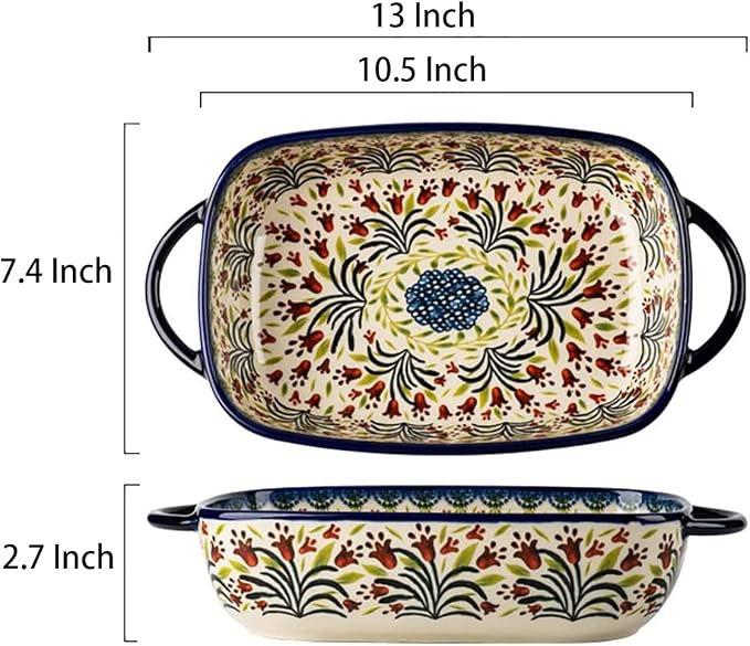 Vintage Style Tulip Flower Pattern Ceramic Bakeware Casserole Dish Baking Pan Lasagna Pans Baking Dish with Handles for Oven/Cooking/Kitchen-1 PCS-60 OZ