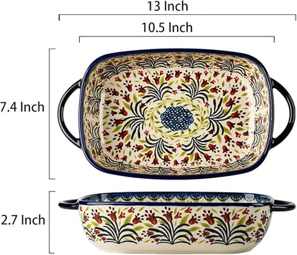 Vintage Style Tulip Flower Pattern Ceramic Bakeware Casserole Dish Baking Pan Lasagna Pans Baking Dish with Handles for Oven/Cooking/Kitchen-1 PCS-60 OZ