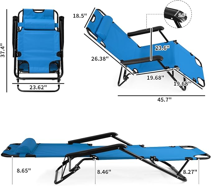 HOMSUPPLIE'S Outdoor Folding Chaise Lounge Chair, Zero Gravity Chair, Patio Sun Lounger Reclining Beach Chair Sun Patio Pool Lawn Recliner Chair with Adjustable Pillow (Blue)