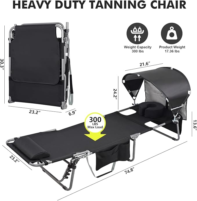 Tanning Chair with Sun Canopy Face Hole Softer Padded Adjustable Washable, Heavy Duty Layout Folding Lounge Chair for Adults Outside Beach Reading Sunbathing Poolside Lawn, UPF 50+ Sun Shade, 300 LBS