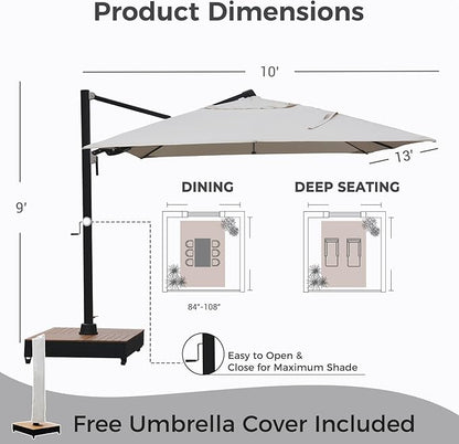 Grand patio 10x13 FT Patio Umbrella with Base, Acrylic Outdoor Cantilever Aluminum Umbrellas, Rectangular Offset Umbrellas with Cover for Poolside, Deck, Backyard, Black Umbrella Pole