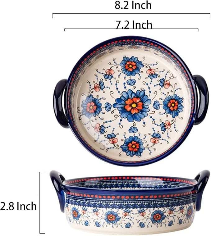 Blue and Orange Flower Vintage Style Ceramic Bakeware Casserole Lasagna Pans Baking Dish with Handles for Oven/Cooking/Kitchen-1 PCS-32 OZ
