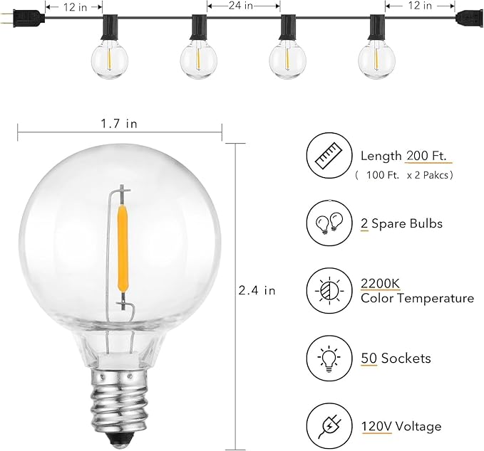 Brightown Outdoor String Lights, 200 FT(100FT*2) Globe Patio Lights with 100 G40 Shatterproof Bulbs, Waterproof Connectable Commercial Hanging Light for Backyard Bistro Porch Cafe