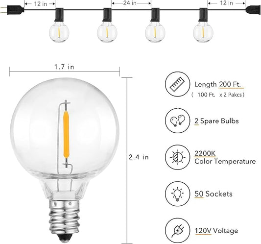 Brightown Outdoor String Lights, 200 FT(100FT*2) Globe Patio Lights with 100 G40 Shatterproof Bulbs, Waterproof Connectable Commercial Hanging Light for Backyard Bistro Porch Cafe