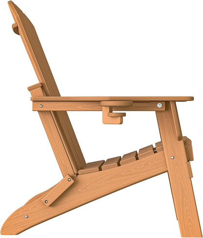 Plawdlik Folding Adirondack Chair, SGS Tested, Wooden Textured with Cup Holder, Heavy All-Weather HDPE Comfortable Set Poolside Backyard Lawn Teak