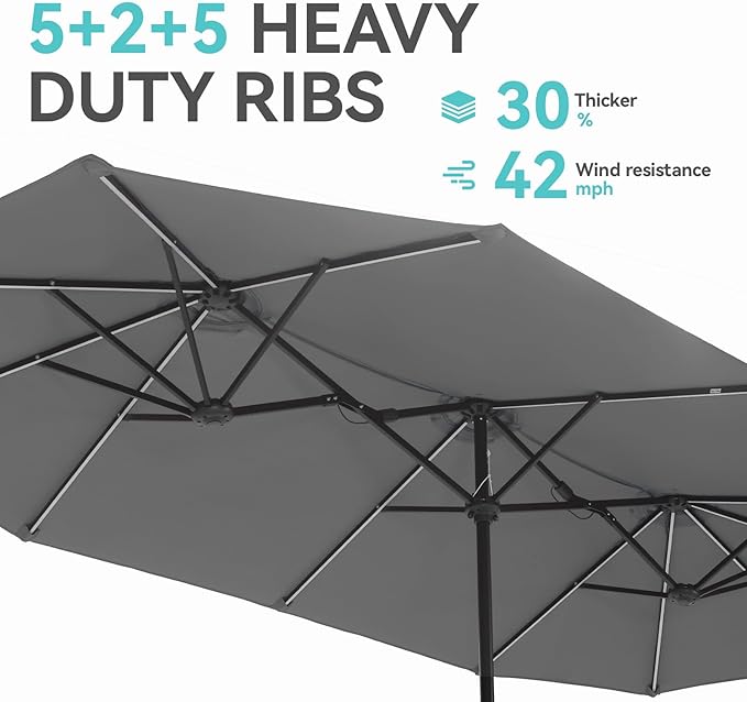 GREEN PARTY 13 ft Rectangle Patio Umbrella with Solar Lights, Double-Sided Market Table Umbrella with Crank, Large Outdoor Umbrellas for Patio Poolside Garden Backyard, Smoky Grey