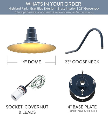 Steel Lighting Co. Highland Park Barn Light | Outdoor Wall Mounted | 16 inch Radial Wave | 23" Gooseneck | Vintage Style Made in America | Gray Blue Exterior/Brass Interior
