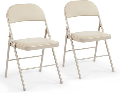 DUMOS 2 Pack Leather Padded Folding Chair, Indoor Outdoor Portable Stackable Commercial Seat with Steel Frame, Capacity for Home, Office, Party, Comfy, Kahki