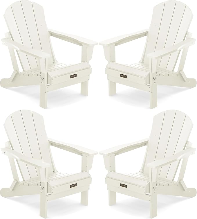 SERWALL Folding Adirondack Chair Set of 4 for Patio Garden Outdoors Fire Pit Chairs-White