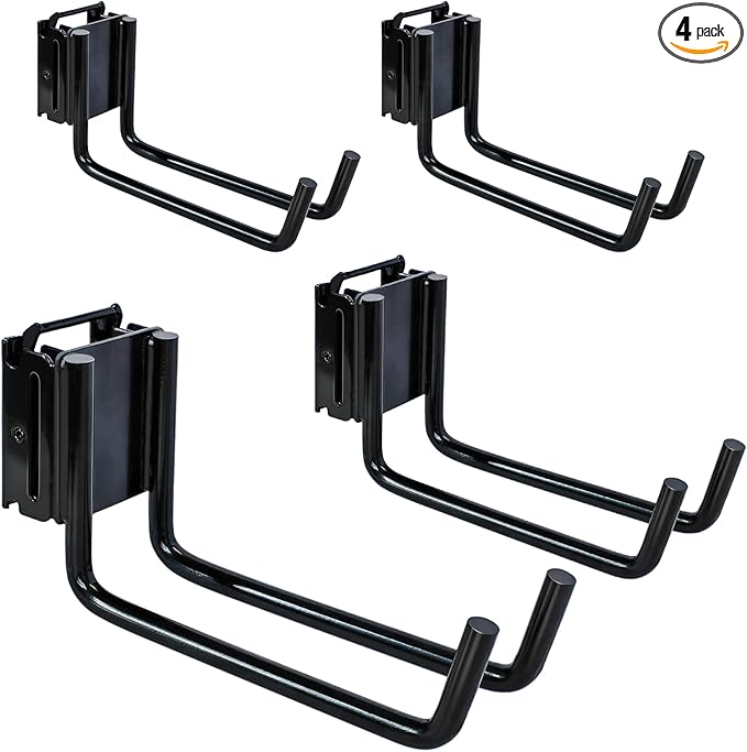 4-Pack E-Track Double Fitting J-Hooks, 2" Wide & 6" Deep Stable E Track Double J Hooks with Dual Fittings, Heavy Duty Shovel Hanger for Trailers, Trucks, Garden Tools Organizers Storage