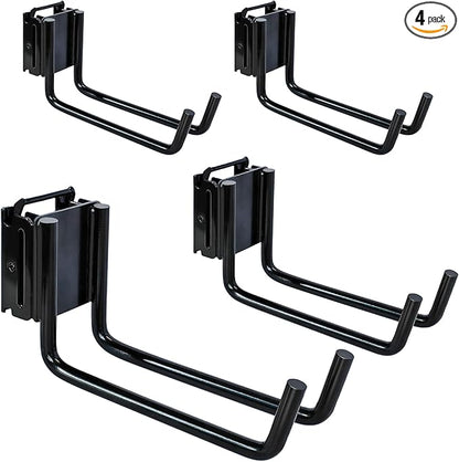 4-Pack E-Track Double Fitting J-Hooks, 2" Wide & 6" Deep Stable E Track Double J Hooks with Dual Fittings, Heavy Duty Shovel Hanger for Trailers, Trucks, Garden Tools Organizers Storage