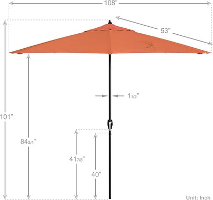 California Umbrella 9' Rd Aluminum Patio Umbrella, Crank Lift, Auto Tilt, Black Finish, Sunbrella Melon