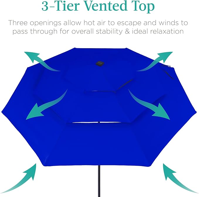 Best Choice Products 10ft 3-Tier Solar Patio Umbrella, Outdoor Market Sun Shade for Backyard, Deck, Poolside w/ 24 LED Lights, Tilt Adjustment, Easy Crank, 8 Ribs - Resort Blue