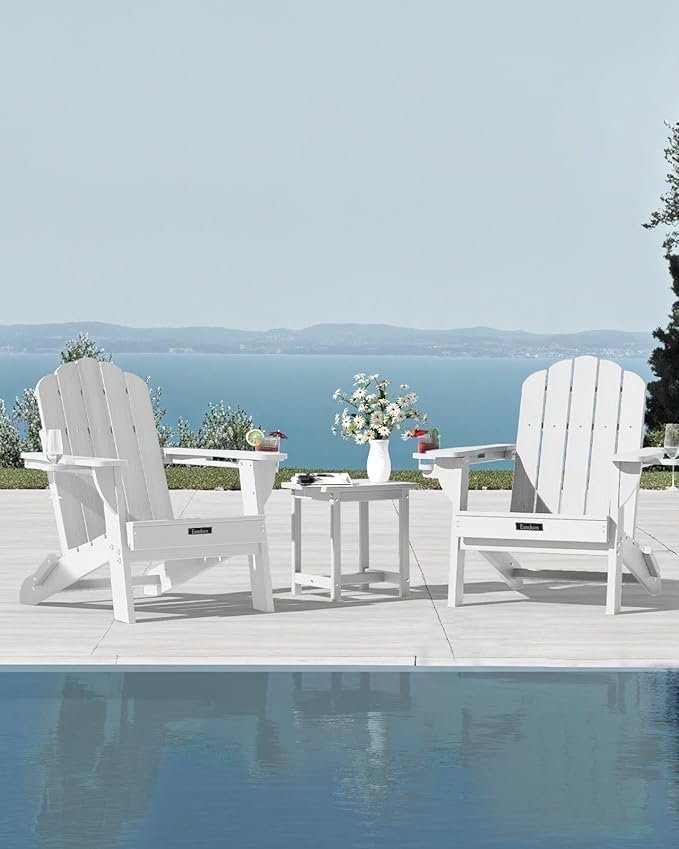 Folding Adirondack Chair,All-Weather HDPE Fire Pit Chair with 2 Cup Holders, Plastic Outdoor Chair for Patio Deck Garden Lawn, White