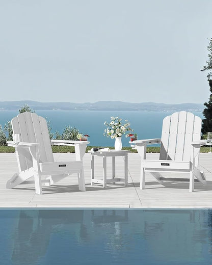 Folding Adirondack Chair,All-Weather HDPE Fire Pit Chair with 2 Cup Holders, Plastic Outdoor Chair for Patio Deck Garden Lawn, White