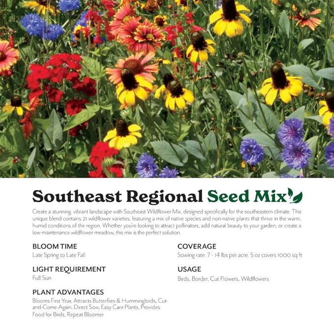 Grow Your Own Vibrant Annual and Perennial Wildflower Garden Seeds Mixture, Varieties for Pollinators and Spring Gardens - Southeast Regional Mix, 1 lb