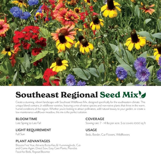 Grow Your Own Vibrant Annual and Perennial Wildflower Garden Seeds Mixture, Varieties for Pollinators and Spring Gardens - Southeast Regional Mix, 10 lbs