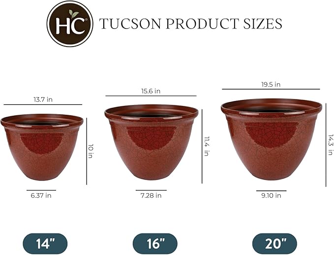 The HC Companies 20 Inch Tucson Round Planter Pots with Ceramic Look, Lightweight UV-Resistant Resin Indoor & Outdoor Planters, 1-Pack Flower Pots for Garden & Home Decor, Chili Red Crackle