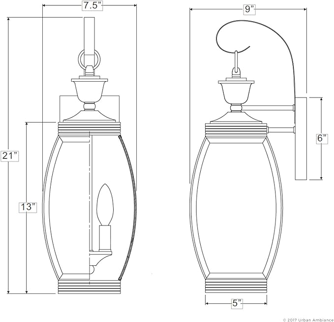 Urban Ambiance Luxury Colonial Outdoor Wall Light, Large Size: 21" H x 7.5" W, with Transitional Style Elements, Bowed Design, Gorgeous Dark Medieval Bronze Finish and Beveled Glass, UQL1171