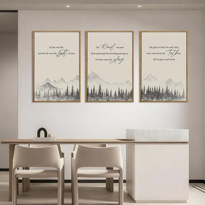 IARTTOP Large Christian Easter Framed Wall Art 16x24 Inch Neutral Mountain Forest Canvas Wall Decor Jesus Bible Verse Catholic Biblical Scripture Prints for Prayer room Living room Set of 3