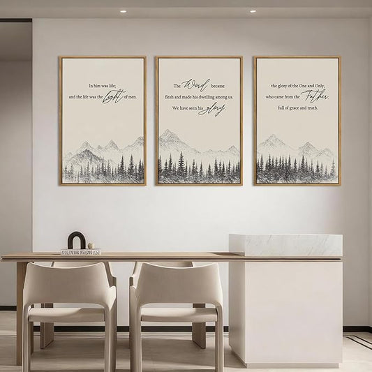 IARTTOP Large Christian Easter Framed Wall Art 16x24 Inch Neutral Mountain Forest Canvas Wall Decor Jesus Bible Verse Catholic Biblical Scripture Prints for Prayer room Living room Set of 3