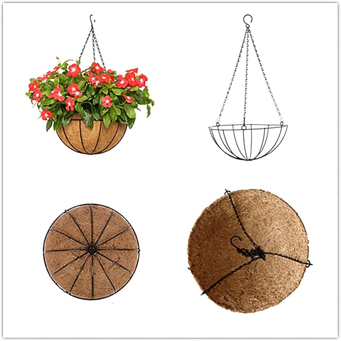 14 inch Metal Hanging Baskets For Plants Outdoor 4 Pack Round Metal Wire Hanging Basket Planter with Coco Fiber Liners Chain Round Wire Plant Holder for Garden, Patio, Deck, Porch Plants Flower Potss