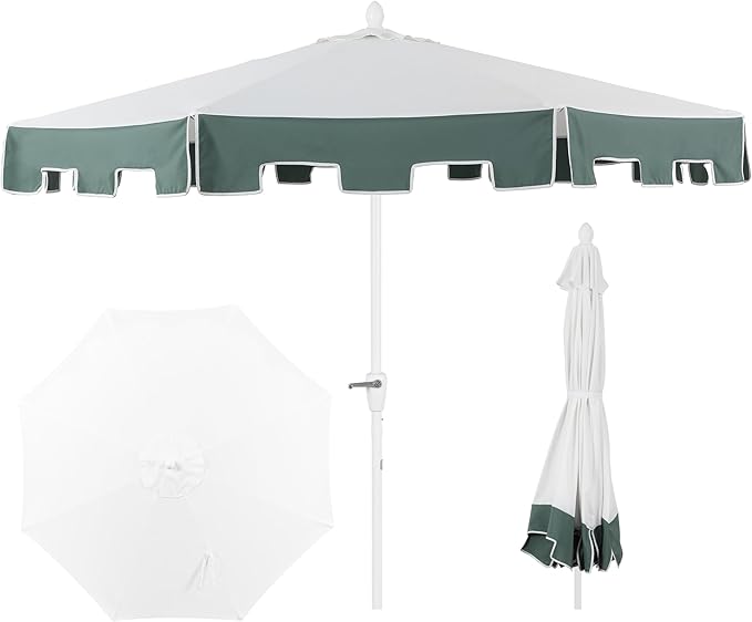 JONATHAN Y UMB1000D Baiona 9 ft. Classic MidCentury Market Patio Umbrella with UV Protection, Auto-Tilt, Crank and Wind Vent in White/Green