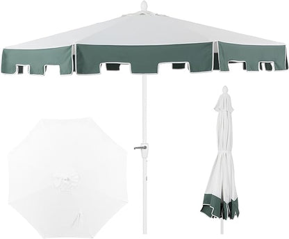 JONATHAN Y UMB1000D Baiona 9 ft. Classic MidCentury Market Patio Umbrella with UV Protection, Auto-Tilt, Crank and Wind Vent in White/Green