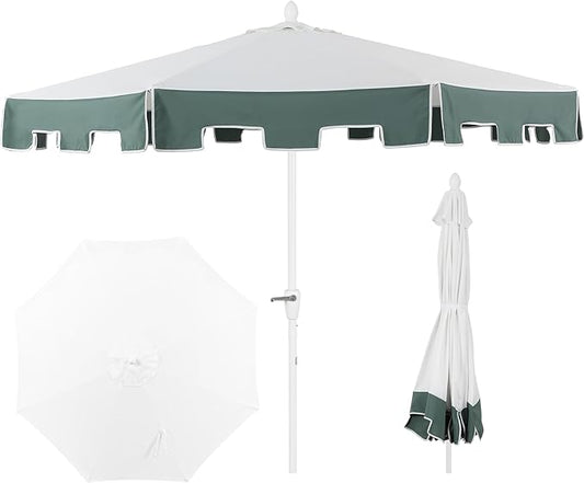 JONATHAN Y UMB1000D Baiona 9 ft. Classic MidCentury Market Patio Umbrella with UV Protection, Auto-Tilt, Crank and Wind Vent in White/Green