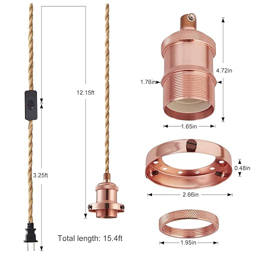 15.4ft Pendant Light Cord Kit, Industrial Vintage Plug in E26 Socket Hanging Light with Switch, Hemp Rope Hanging Light Fixture for Pendant Lamp Farmhouse Lamp Cable DIY
