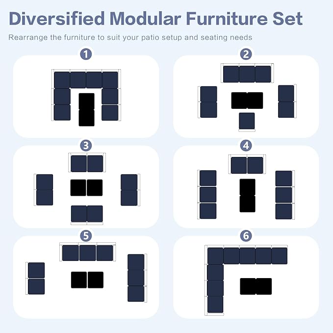 10-Piece Outdoor Sectional Sofa Set, Wicker Patio Furniture with Navy Blue Cushions for Your Villa, Balcony, Porch, Backyard, Grey Rattan