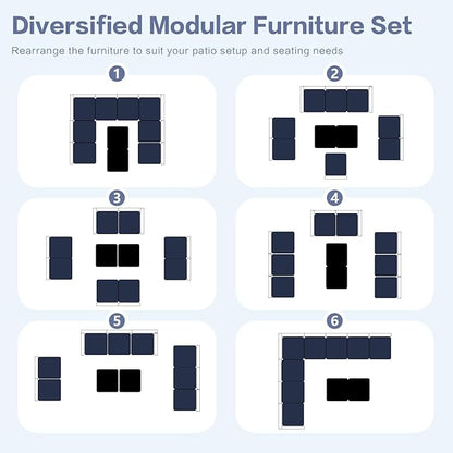 10-Piece Outdoor Sectional Sofa Set, Wicker Patio Furniture with Navy Blue Cushions for Your Villa, Balcony, Porch, Backyard, Grey Rattan