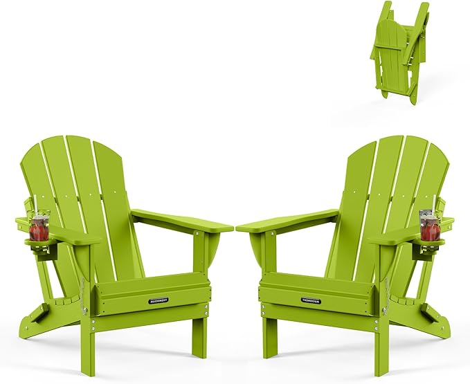 MUCHENGHY Folding Adirondack Chairs Set of 2, Patio Chairs, Lawn Chairs, Outdoor Chair, Adirondack Chair Plastic, Fire Pit, Weather Resistant with Cup Holder for Deck, Backyard, Garden(Lemon Green)