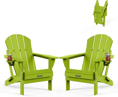 MUCHENGHY Folding Adirondack Chairs Set of 2, Patio Chairs, Lawn Chairs, Outdoor Chair, Adirondack Chair Plastic, Fire Pit, Weather Resistant with Cup Holder for Deck, Backyard, Garden(Lemon Green)