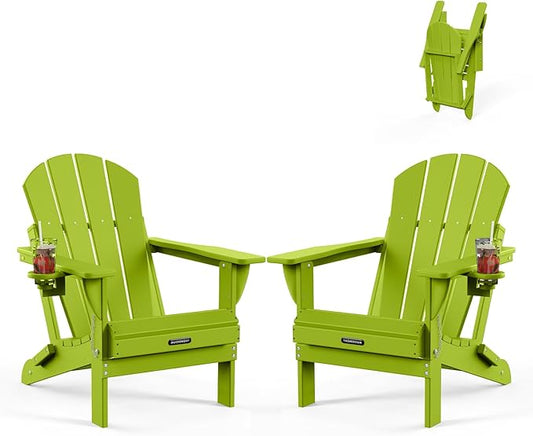 MUCHENGHY Folding Adirondack Chairs Set of 2, Patio Chairs, Lawn Chairs, Outdoor Chair, Adirondack Chair Plastic, Fire Pit, Weather Resistant with Cup Holder for Deck, Backyard, Garden(Lemon Green)