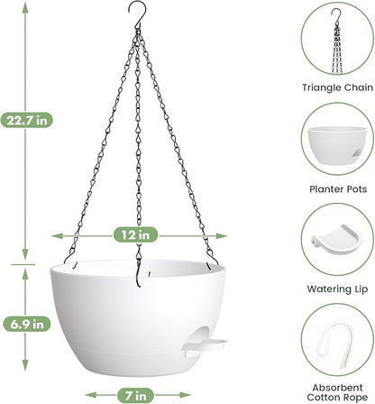 2 Pack 12 Hanging Flower Pots with Chains - Self Watering Plastic Planters for Indoor & Outdoor Plants, Sturdy Triangular Iron Chain Design for Garden PorchPlastic Hanging Flower pots (White)