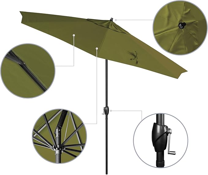 California Umbrella 9' Rd Aluminum Patio Umbrella, Crank Lift, Auto Tilt, Black Finish, 4yr Fade Warranty, Palm