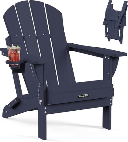 MUCHENGHY Folding Adirondack Chairs, Patio Chairs, Lawn Chairs, Outdoor Chair, Adirondack Chair Plastic, Fire Pit, Weather Resistant with Cup Holder for Deck, Backyard, Garden(Dark Navy Blue)