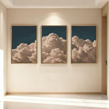 IARTTOP Large Framed Cloud Blue Wall Art 16x24 Inch Navy Cloud Canvas Painting Modern Abstract Sky Landscape Wall Decor for Living Room Bedroom Dining room Set of 3