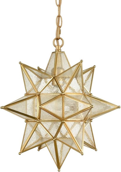 DIRYZON Modern Gold Moravian Star Pendant Light for Kitchen Island 16-Inch Hanging Ceiling Light Seeded Glass Single Pendant Light with Chain